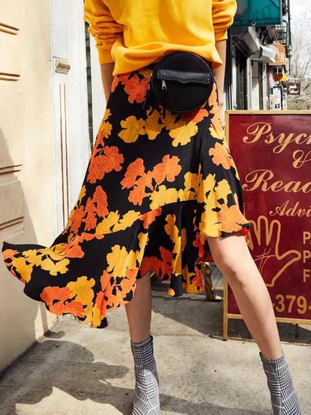 NWT- Topshop - Floral Ruffle Midi Skirt - Black with Yellow & Orange Bloom